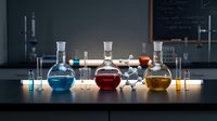 Chemistry laboratory with colorful liquid solutions in glass flasks and beakers on lab bench for scientific research and education.