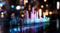 Futuristic city skyline with glowing neon buildings reflected in water, featuring vibrant blue and pink gradient colors against dark background with bokeh lights.