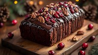 Chocolate loaf cake decorated with ganache, pecans and fresh cranberries on wooden board. Holiday dessert with festive bokeh lights and pine cones in background.