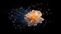Luminous jellyfish with glowing tentacles floating in dark water, surrounded by golden bokeh particles creating magical underwater atmosphere.
