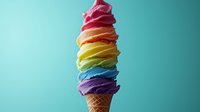 Colorful rainbow ice cream scoops stacked high in waffle cone against turquoise background. Vibrant frozen dessert in pink, orange, yellow, blue and purple colors.