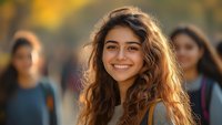 Young woman with long wavy brown hair smiling outdoors in warm sunset light, natural makeup and casual style, blurred people in background, positive mood.
