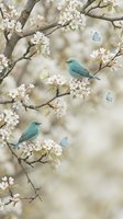 Spring cherry blossom branches with turquoise birds and blue butterflies on soft beige background for nature wallpaper and seasonal decoration projects.