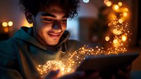 Young Hispanic man with curly hair smiling while using digital tablet in dark room, magical glowing sparkles and bokeh lights create dreamy atmosphere for social media content.