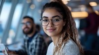 Young mixed-race businesswoman with glasses smiling confidently in modern office environment with blurred colleagues in background for corporate presentations.