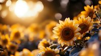 Sunflowers blooming in golden sunset light with warm bokeh background creating dreamy summer atmosphere for nature and agriculture themes.