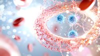 Microscopic view of virus particles and red blood cells in human body, medical science visualization showing immune system response and cellular interaction.