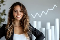 Young businesswoman smiling confidently with growing chart and bar graph background showing success and achievement in modern office environment.