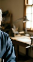 Senior woman with white hair wearing blue shirt gazing toward sunlit window in home office workspace with desk and computer setup.