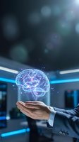 Businessman hand holding glowing digital brain hologram with neural networks in modern office environment representing artificial intelligence and innovation.