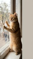 Ginger tabby cat standing on hind legs at window sill, paws raised against glass, looking outside at blurred outdoor scenery. Pet behavior and curiosity concept.
