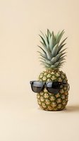 Cool pineapple wearing black sunglasses on beige background. Trendy tropical fruit character concept for summer vacation and party designs.