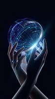 Hands holding glowing digital globe with blue network lines and light effects against dark background, representing global connectivity, technology, innovation, and digital transformation for business concepts.