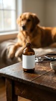 Pet medicine bottle with blank label on wooden table with golden retriever dog resting in background for veterinary healthcare and animal treatment concepts.