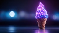 Glowing neon ice cream cone with purple and pink light trails against dark background with bokeh lights, perfect for dessert advertising.