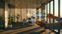 Businesswoman interacting with digital financial icons and cryptocurrency symbols in modern office space with natural light and plants.
