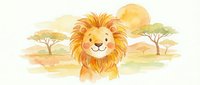 Cute cartoon lion cub with fluffy mane in African savanna landscape with acacia trees. Watercolor style illustration isolated on white background for children.