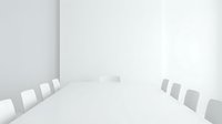 Modern minimalist conference room with white chairs arranged along a clean table, featuring bright natural lighting and neutral tones for corporate meetings and business presentations.