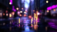 Abstract urban nightscape with glowing vertical light streaks and bokeh effects in purple and orange tones, reflecting on wet surface creating moody atmospheric scene.