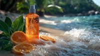 Orange cosmetic bottle with citrus fruits and green leaves on sandy beach with splashing ocean waves and sunlight, natural skincare concept for summer advertising.