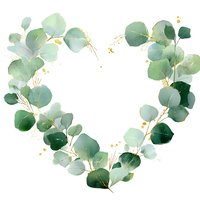 Watercolor eucalyptus leaves arranged in heart shape with gold accents on white background, perfect for wedding invitations and romantic designs.