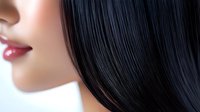 Close up profile view of Asian woman with glossy black straight hair and red lipstick against white background, beauty and cosmetics concept.