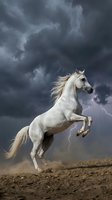 White stallion rearing dramatically against stormy sky with lightning bolts creating powerful equestrian scene for adventure and freedom themed designs.