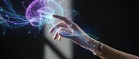 Human hand reaching toward glowing purple brain with digital neural networks and light streams on dark background for technology and AI concepts.