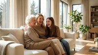Three generations of women laughing together on living room sofa, grandmother mother and daughter enjoying quality family time in bright modern home interior.