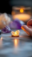 Glowing healing crystals and amethyst stones in warm candlelight creating spiritual atmosphere with hand reaching for crystal energy healing session.