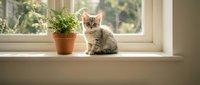 Adorable tabby kitten sitting on sunny windowsill next to potted plant in cozy home interior with natural lighting and peaceful domestic atmosphere.
