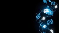 Digital communication icons floating on dark blue background with glowing effects and particle trails for technology and networking concepts.