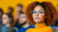 Young African American woman with curly hair wearing glasses and orange turtleneck in modern office or conference setting with blurred colleagues in background.