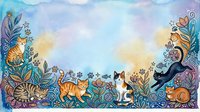 Watercolor cats playing in enchanted garden with decorative floral border frame on textured paper background for greeting cards and artistic projects.