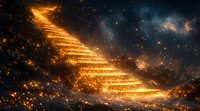 Glowing golden stairway ascending through dark starry space, illuminated by magical light particles and cosmic dust clouds creating mystical atmosphere.