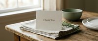 Elegant thank you card on folded linen napkin with rosemary sprig on rustic wooden table, soft natural light, minimalist style.