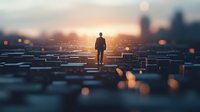 Silhouette of businessman standing on digital network platform overlooking city skyline at sunset with bokeh light effects and futuristic connections.