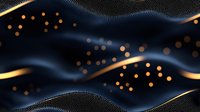 Abstract flowing waves with golden particles and bokeh lights on dark navy background, suitable for technology, business presentations, and digital design projects.