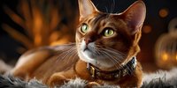 Elegant Abyssinian cat with golden eyes wearing decorative collar resting on soft fur blanket in warm cozy indoor setting with bokeh lights background.