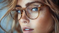 Close-up portrait of young woman with freckles wearing stylish brown eyeglasses, blue eyes visible through lenses, blonde hair softly blowing in breeze.