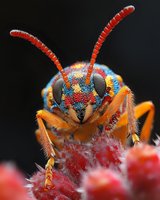 Colorful bee with vibrant red antennae and multicolored head collecting pollen from red flower, isolated on dark background for design use.