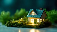 Cozy miniature house with glowing windows surrounded by lush greenery and moss on dark background with magical bokeh lights, creating dreamy atmosphere.
