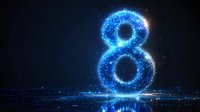 Glowing blue number eight made of luminous particles against dark background, creating magical digital effect for anniversary or celebration designs.