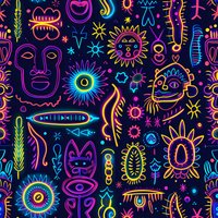 Vibrant neon tribal pattern with mystical symbols, faces, and celestial elements on dark background. Perfect for fabric prints, wallpaper design, and modern bohemian style projects.