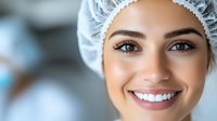 Young female medical professional wearing protective cap smiles confidently at camera, showcasing bright white teeth and flawless skin. Healthcare and dental concept.