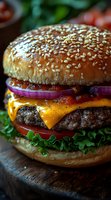 Juicy cheeseburger with melted cheddar, fresh lettuce, tomato, and purple onion rings on sesame seed bun, close-up shot on dark wooden surface.