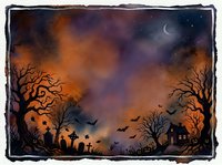 Halloween night scene with spooky cemetery, bare trees, flying bats under crescent moon. Dark atmospheric background for seasonal designs and decorations.