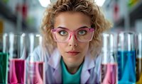 Young female scientist with curly blonde hair and pink glasses examining colorful liquid samples in test tubes at modern laboratory, close up portrait with shallow depth of field.