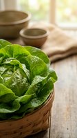 Fresh green lettuce leaves in wicker basket on rustic wooden table with ceramic bowls in soft natural light for healthy cooking and organic food preparation.