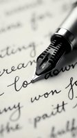 Fountain pen nib positioned on handwritten cursive text, capturing the art of calligraphy and traditional writing for creative projects and literary content.